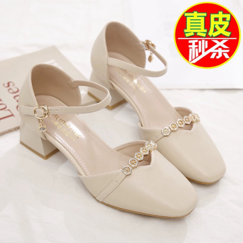 断码品牌鞋真皮包头粗跟凉鞋女2025春夏新款仙女中跟水钻高跟单鞋
