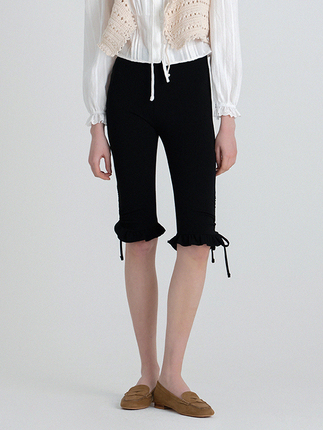 Pig Ouni Korea ins Summer Vintage Ruffled Lace-Up Slim Fit Five-Point Shorts Leggings Cycling Pants for Women