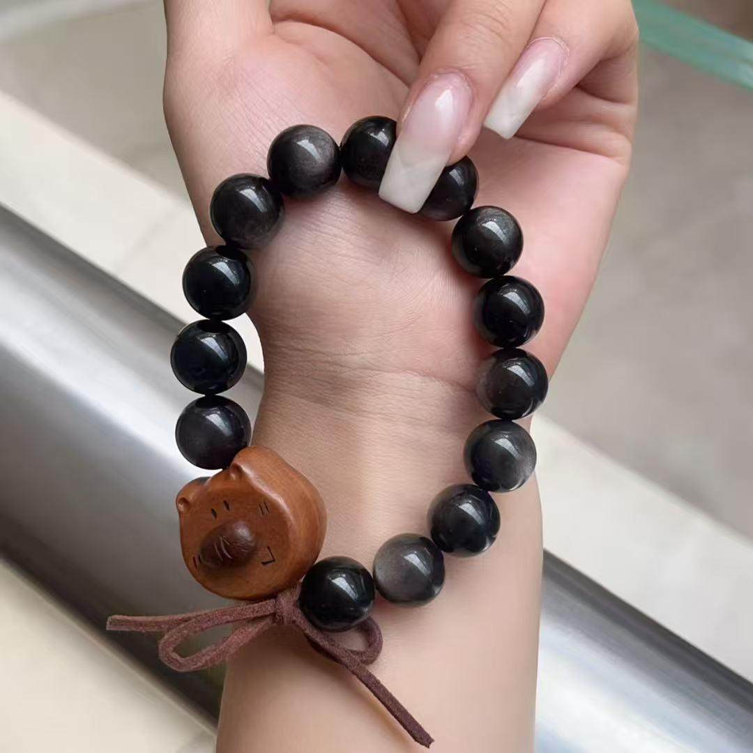 网红桃木咖啡猪单圈手链搭配银曜石手串文玩时尚佛珠饰品T2795,饰品/流行首饰/时尚饰品新,手链,淘宝优惠券,粉丝福利购,淘宝优惠卷