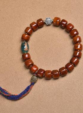 藏传回流牦牛骨桶珠文玩手串单圈玛瑙天珠藏银流苏料器配饰手链