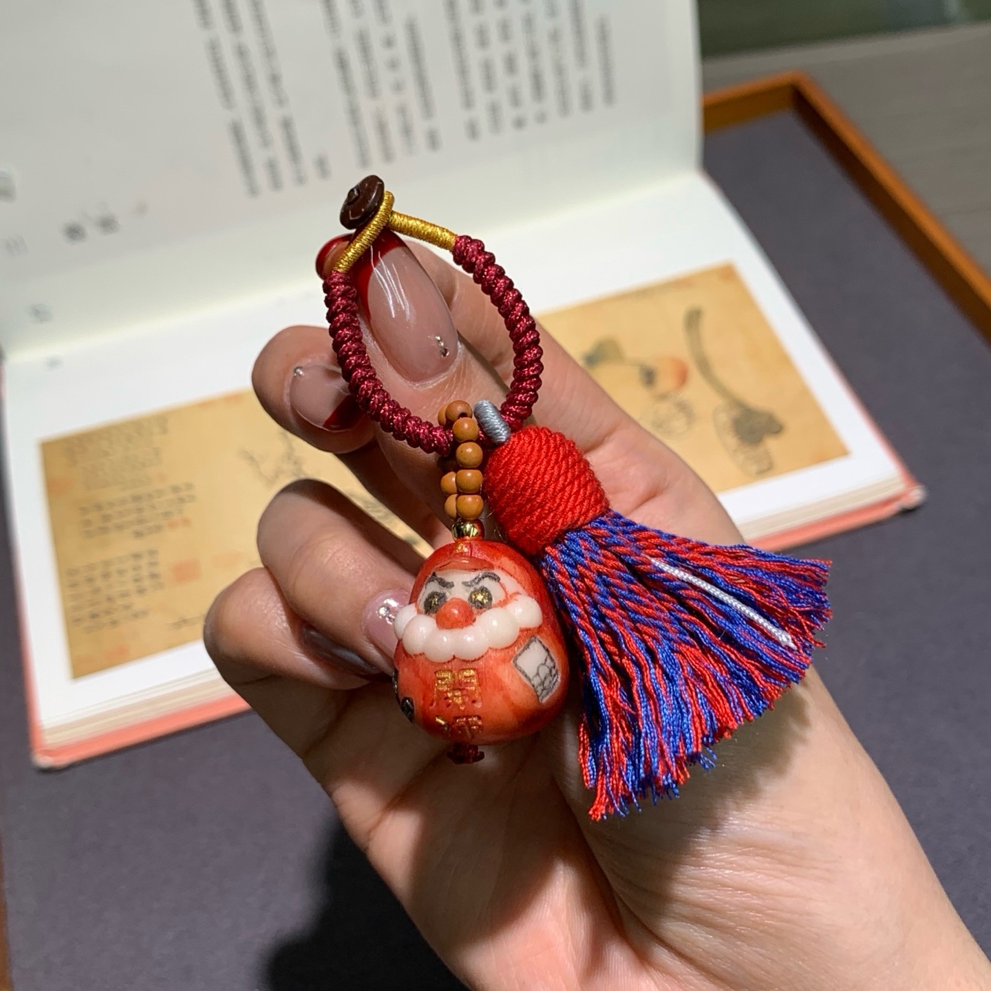 新品天然象牙果彩绘达摩钥匙扣手搓棉小流苏小众国风包包挂吊饰