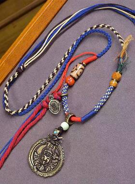 藏传老天铁扎基拉姆佛牌吊坠玛瑙天珠回流骨配饰纯手工编织绳项链