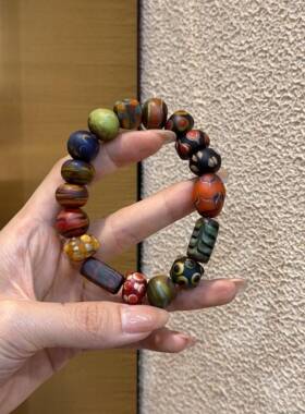 尼泊尔彩绘老琉璃文玩手持盘完佛珠念珠单圈男女士手串饰品