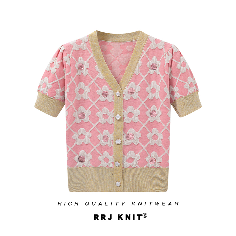 RRJ/KNIT复古亮片花朵针织薄开衫短款修身型V领间色夏季冰丝开衫