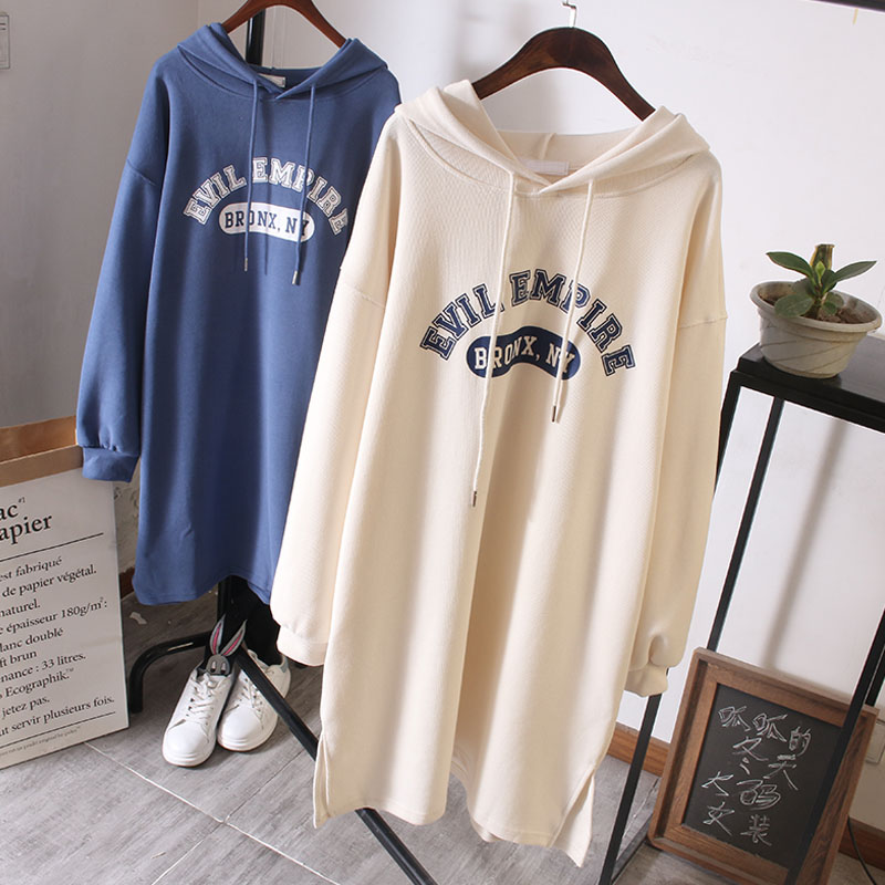 长款过膝卫衣女春秋新款2023韩版长袖连帽字母时尚宽松中长款长裙