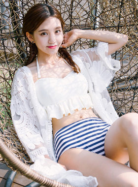 白色罩衫泳衣女欧美新款蕾丝性感沙滩度假比基尼外搭罩衣中裙短裙