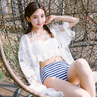 白色罩衫泳衣女欧美新款蕾丝性感沙滩度假比基尼外搭罩衣中裙短裙