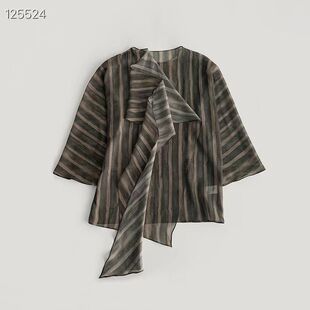 新款 复古休闲风条纹飘带衬衫 上衣2026春季 围裹式 女长袖