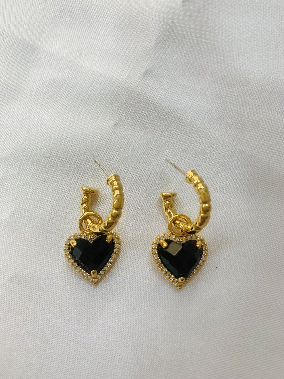 娜扎同款黑色玛瑙爱心耳环欧美风