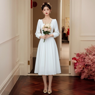 连衣裙 新娘订婚回门小个子便装 领证登记长袖 小白裙小礼服2025新款