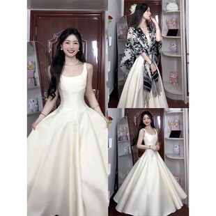 白色赫本裙设计感收腰伴娘光泽感高级中长款吊带连衣裙方领礼服裙