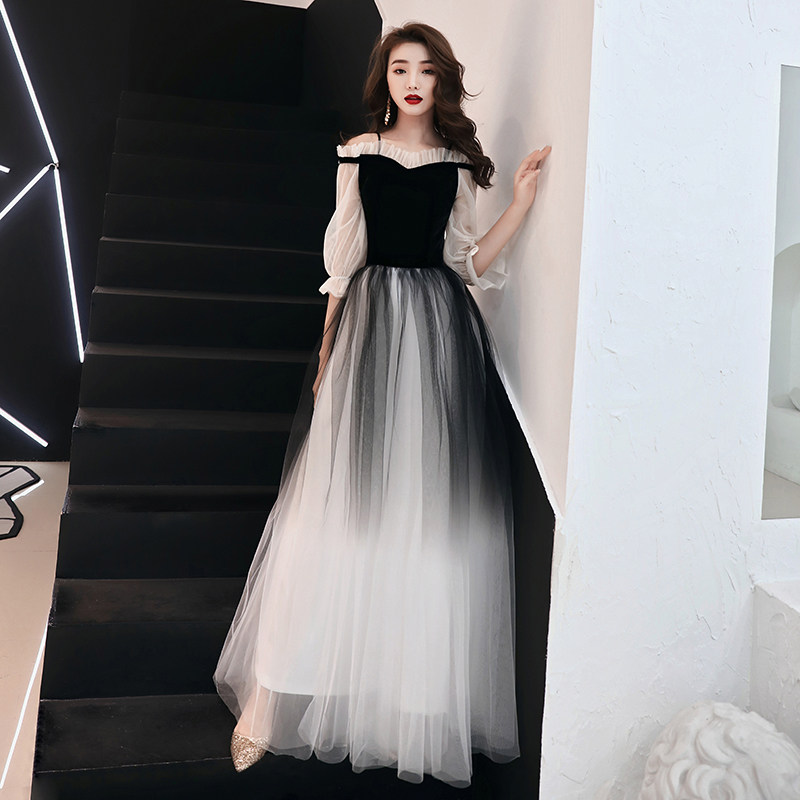 黑色仙气渐变色梦幻晚礼服女吊带网纱连衣裙宴会名媛长款平时可穿