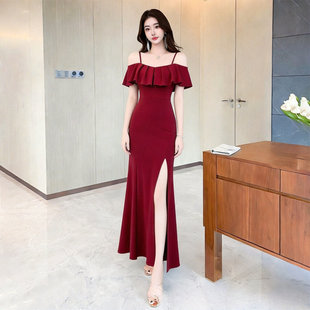 红色新款小众晚礼服设计感一字肩吊带裙开叉气质鱼尾款长裙修身型