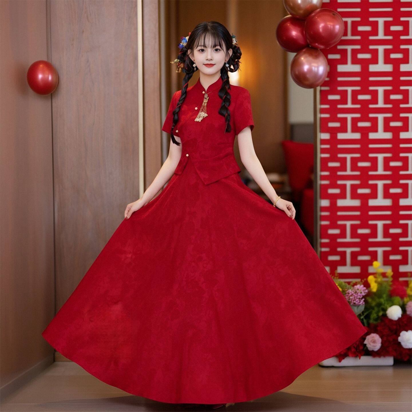 新中式红色改良旗袍结婚礼服图片