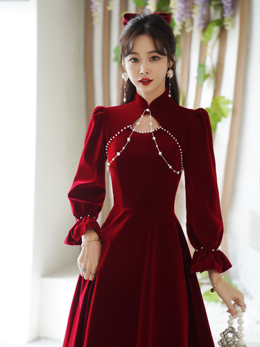 长袖红色结婚礼服裙中式年会宴会