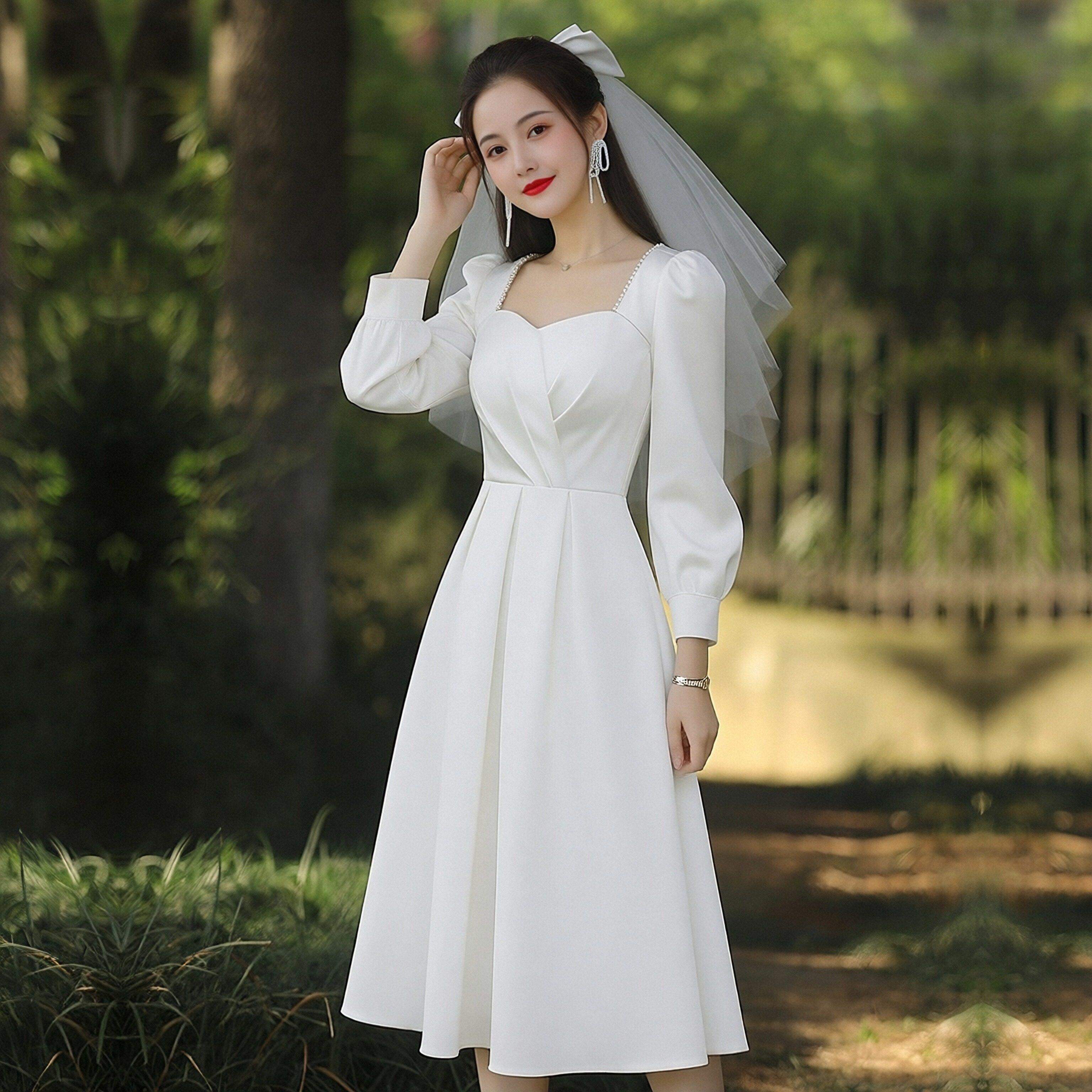 法式长袖白色领证登记方领小礼服轻婚纱订婚平时可穿小个子连衣裙,女装/女士精品,礼服/晚装,淘宝优惠券,粉丝福利购,淘宝优惠卷