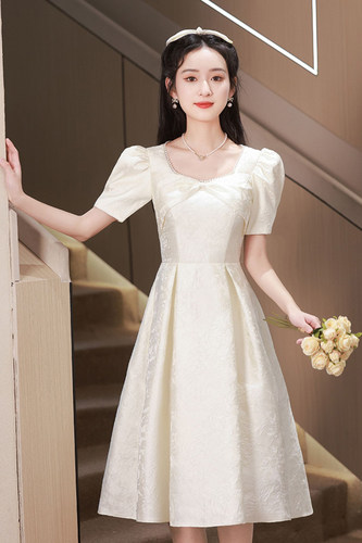 优雅短袖A字裙中长款钉珠