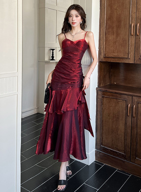 性感法式御姐人鱼姬吊带连衣裙红色礼服鱼尾蛋糕裙荷叶边成人礼女