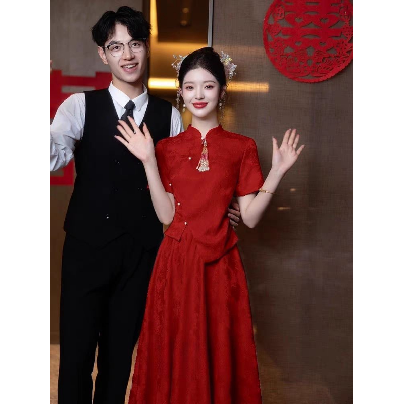 红色新中式改良旗袍长裙女新娘敬酒服收腰显瘦日常可穿气质A字裙
