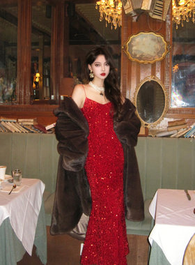 红色连衣裙礼服吊带裙平时可穿气质亮片丝绒鱼尾中长款宴会主持人