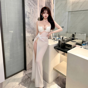 新款 夜场显瘦夜总会佳丽透视晚礼服工作服女 吊带连衣裙女开叉无袖