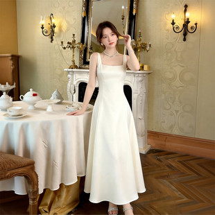 高级感方领连衣裙收腰大摆A字裙显高显瘦生日派对礼服裙女小个子