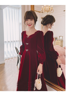 敬酒服新娘2026新款春秋季方领宴会回门蝴蝶长袖连衣裙女平时可穿