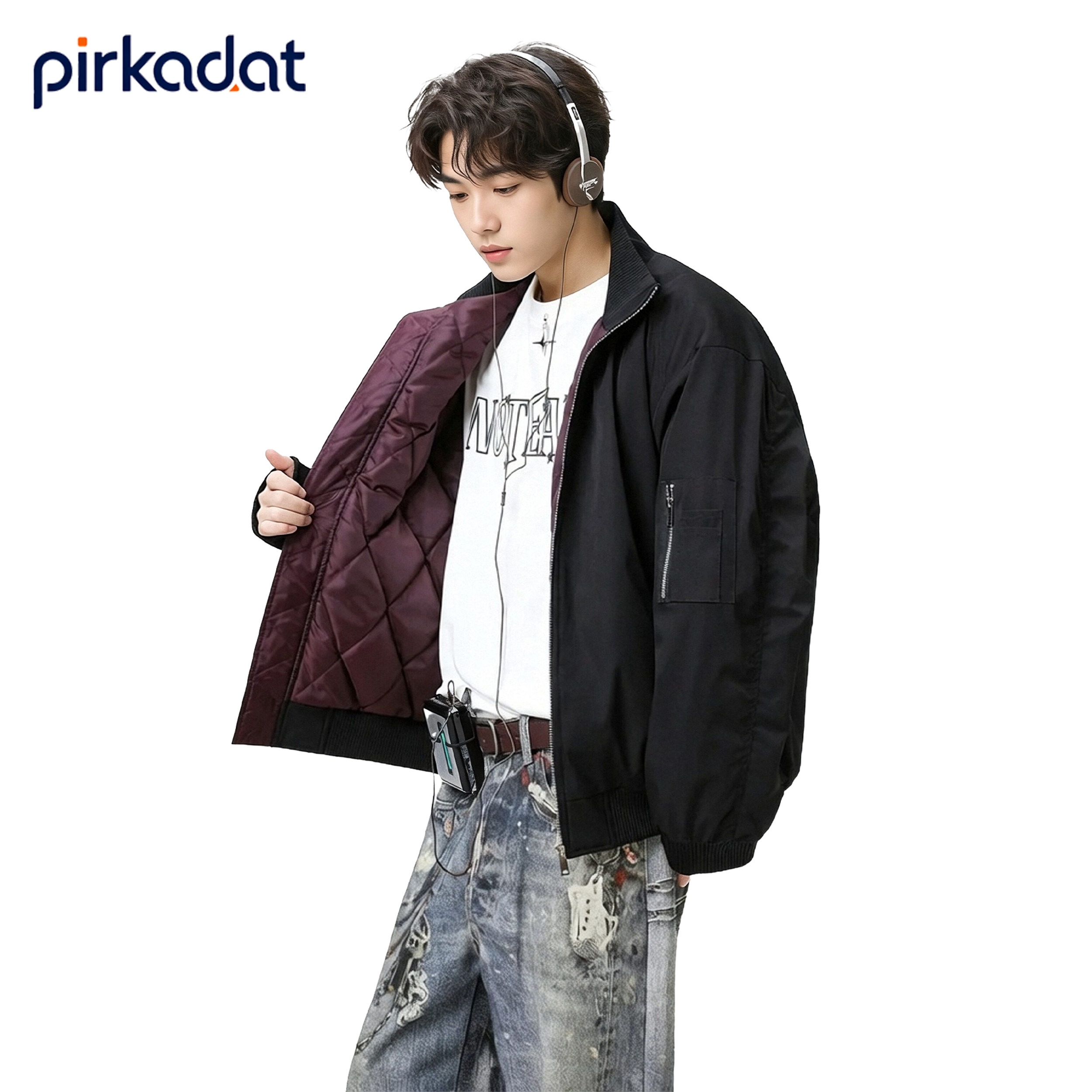 PIRKADAT美式复古立领飞行员夹克棉服男宽松保暖棉衣潮牌外套情侣