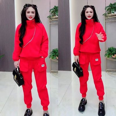 休闲套装女2025秋冬新款时尚加绒加厚斜拉链卫衣高腰工装束脚裤女