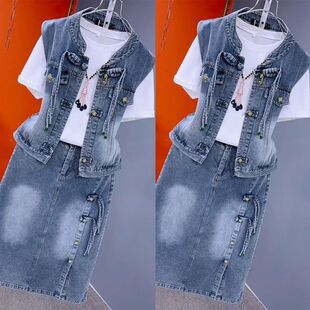牛仔时尚套装女2026春秋新款盘扣牛仔马甲半身裙洋气显瘦三件套潮