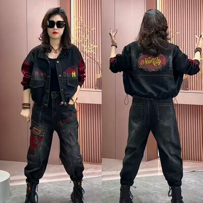 2026春秋季重工刺绣短外套哈伦裤两件套女宽松大码时尚牛仔套装潮