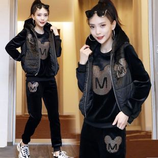 金丝绒套装女秋冬2025新款洋气镶钻米奇加绒加厚双面绒卫衣三件套