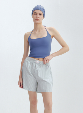 LOUD EYES 短裤女夏蓝色宽松条纹休闲松紧短裤新款线条设计感夏季