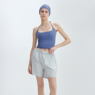 EYES 线条设计感夏季 短裤 新款 女夏蓝色宽松条纹休闲松紧短裤 LOUD