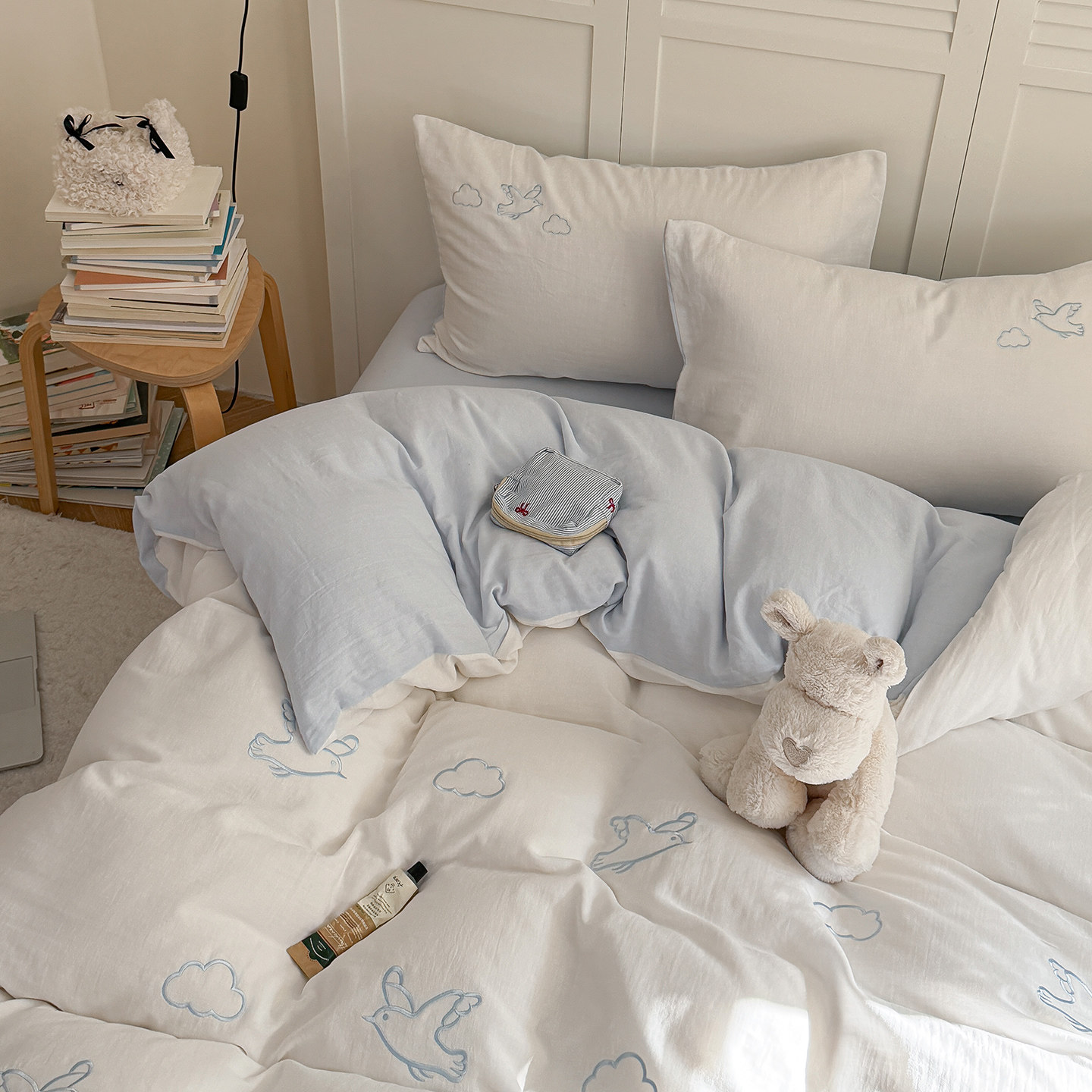 A类~纯棉纱布蓝色三四件套床笠款全棉双层纱裸睡柔软亲肤四季可用,床上用品,床品套件/四件套/多件套,淘宝优惠券,粉丝福利购,淘宝优惠卷