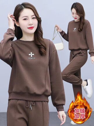 加绒加厚卫衣套装女秋冬季大码女装休闲运动两件套纯色减龄束脚裤