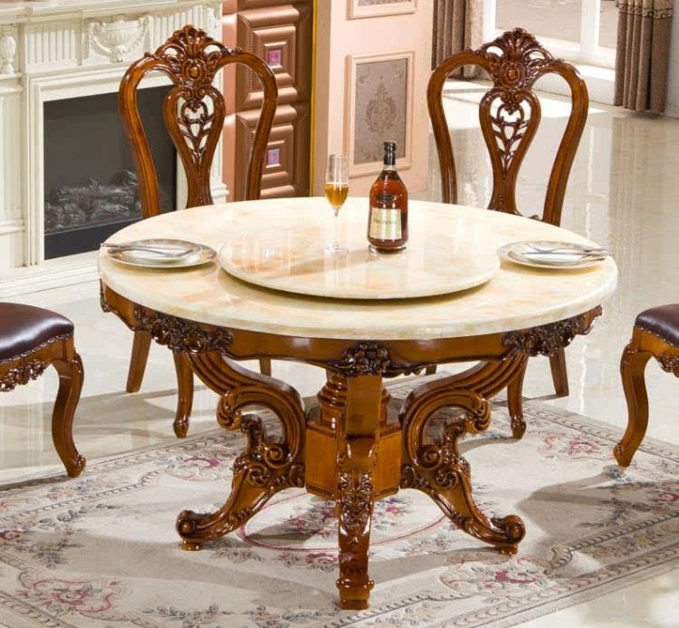 欧式天然大理石圆桌玉石 圆形餐桌 实木雕花餐椅组合带转盘