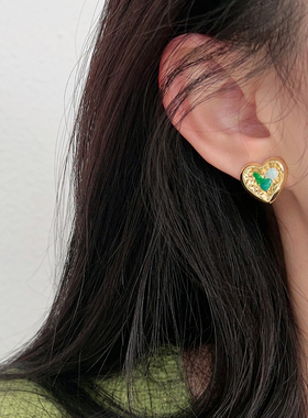 s925银针清新滴油绿色爱心耳钉小众设计高级气质耳环新款潮