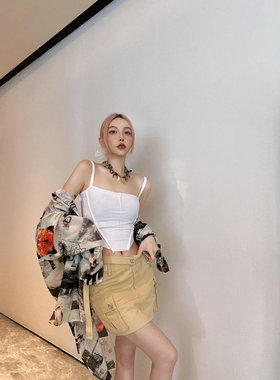 【A+】买手店mskin6正品白色吊带+工装风短裙+复古印花衬衣套装