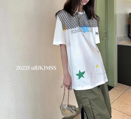 彩色星星字母拼接网宽松T恤