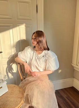 原创设计品牌YMQY链条装饰拼纱泡泡袖圆领净色T恤休闲百搭