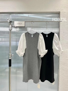 原创设计品牌YMQY拼接设计泡泡五分袖宽松圆领气质连衣裙