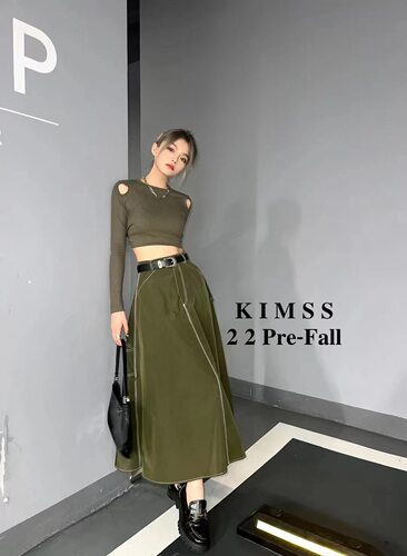 KINSS廓形赫本风明线装饰半身裙