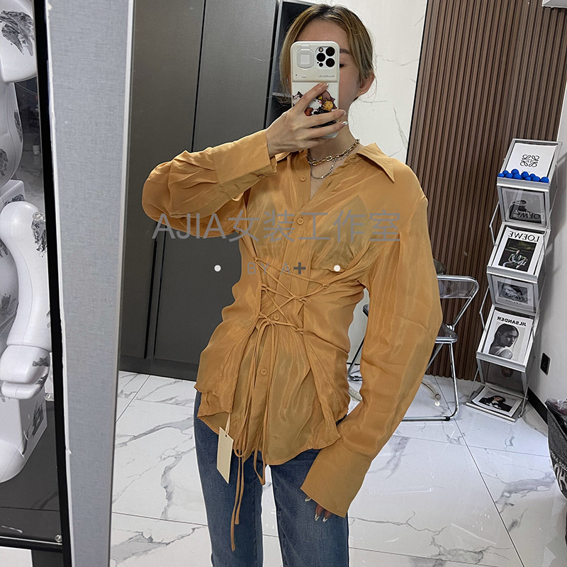 原创设计品牌9M法式气质衬衫绑带收腰显瘦百搭衬衣(带垫肩）
