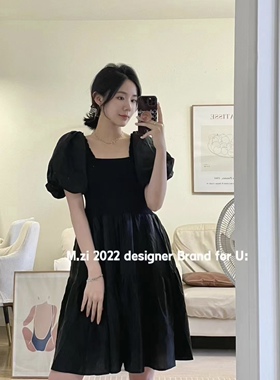 原创设计品牌YMQY方领泡泡袖系带拼接设计显瘦连衣裙