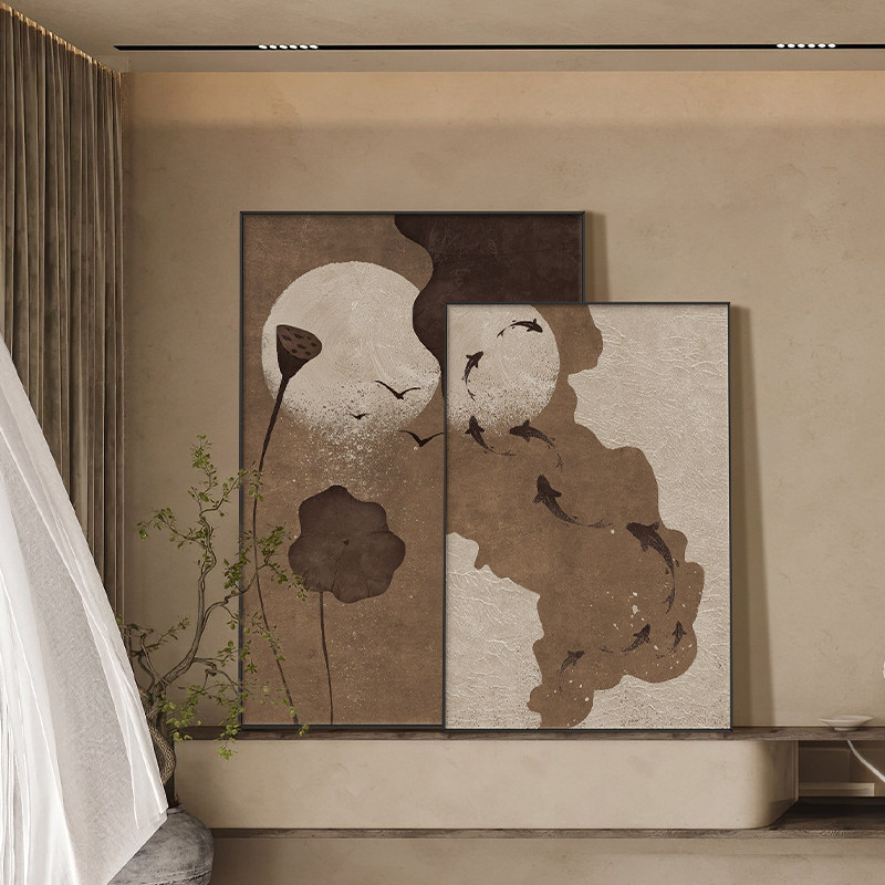 九鱼图中古侘寂风落地画客厅装饰画玄关画挂画过道走廊沙发背景墙,家居饰品,现代装饰画,淘宝优惠券,粉丝福利购,淘宝优惠卷