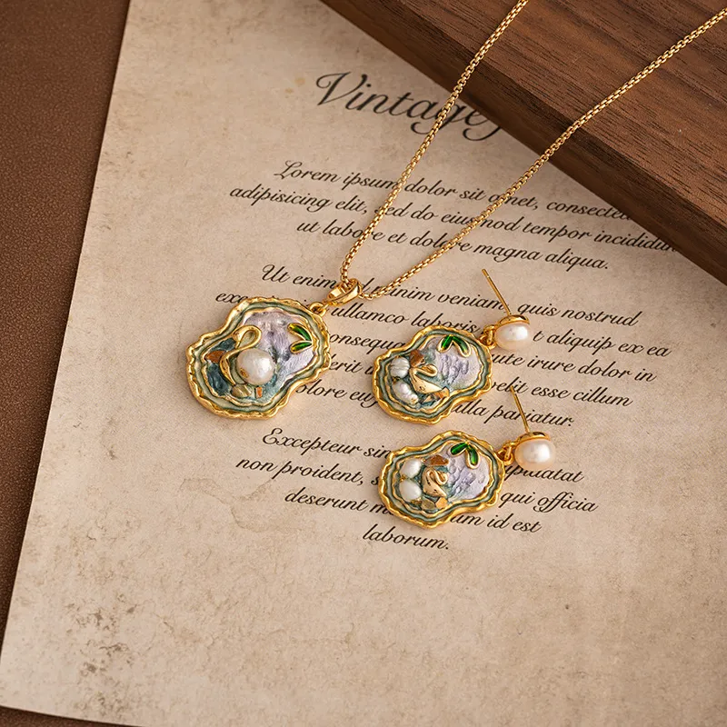 莫奈花园中古风项链天然珍珠复古精美小众高级感油画风耳环锁骨链