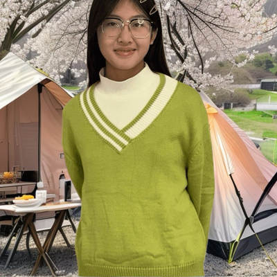 深秋初冬穿搭绿色套头V领毛衣女秋冬宽松外穿韩系2026新款上衣服