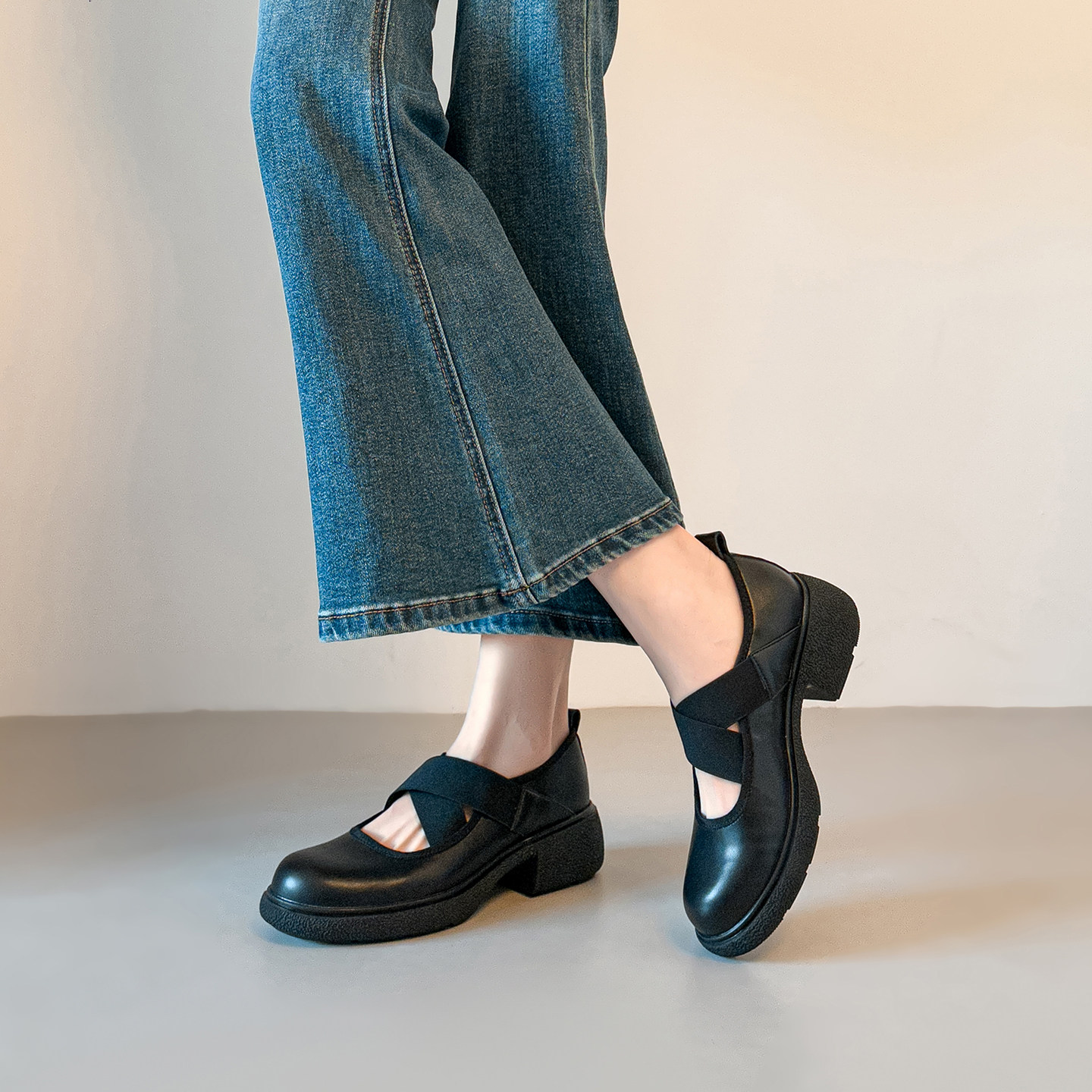 厚底玛丽珍鞋女2026春秋季真皮圆头交叉带一脚蹬粗跟浅口通勤单鞋,女鞋,玛丽珍鞋,淘宝优惠券,粉丝福利购,淘宝优惠卷