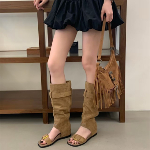 内增高凉靴女2026夏季新款金属扣带露趾高筒堆堆靴小个子罗马凉鞋